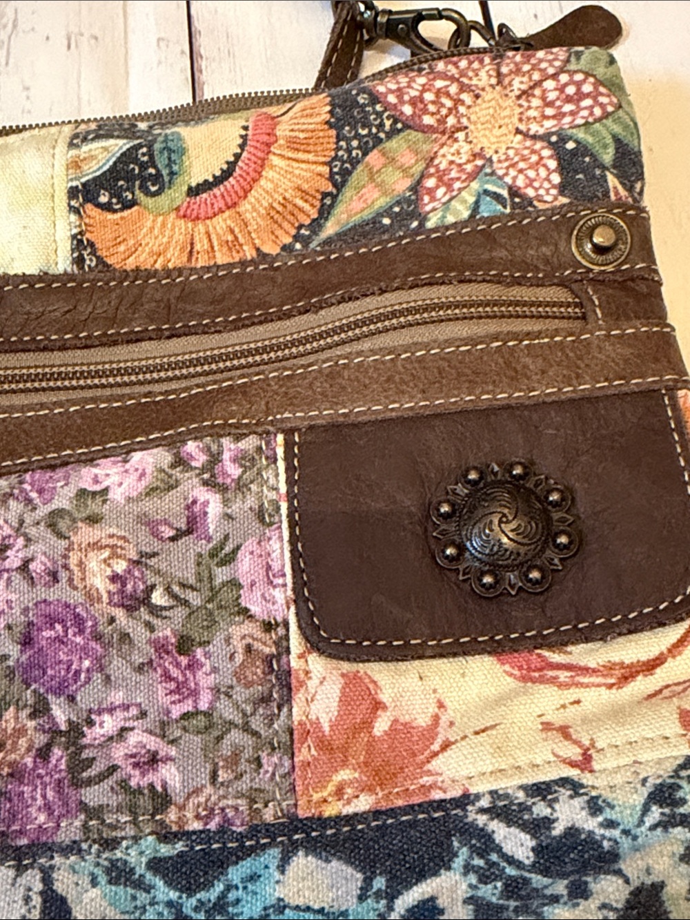 Myra bag Patchwork Floral Crossbody with Brown Trim and Adjustable Strap - Picture 2 of 5